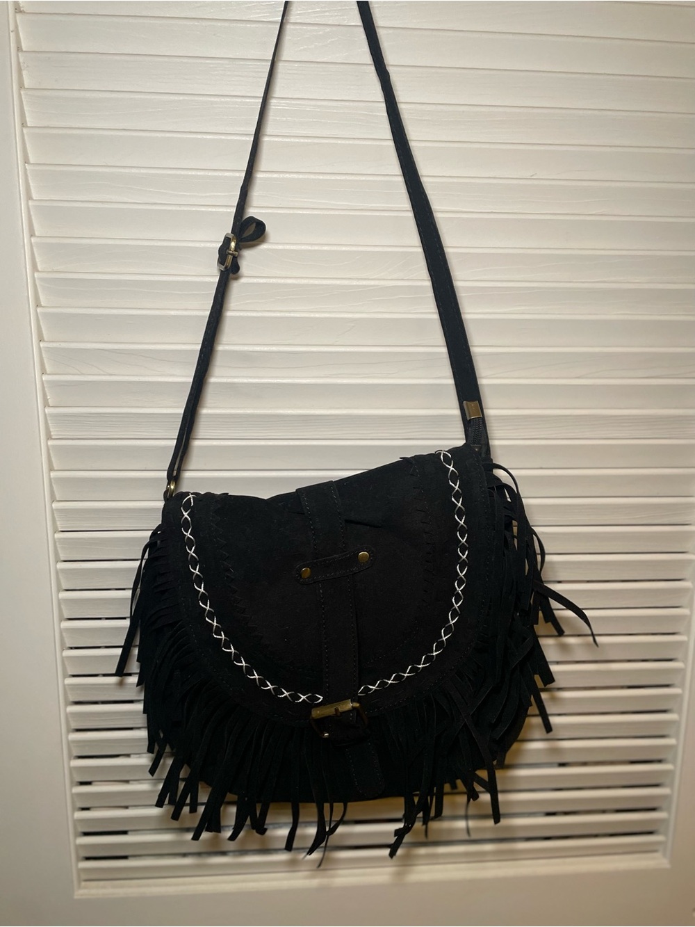 Black Western Fringe Crossbody Bag with Whipstitch Detail